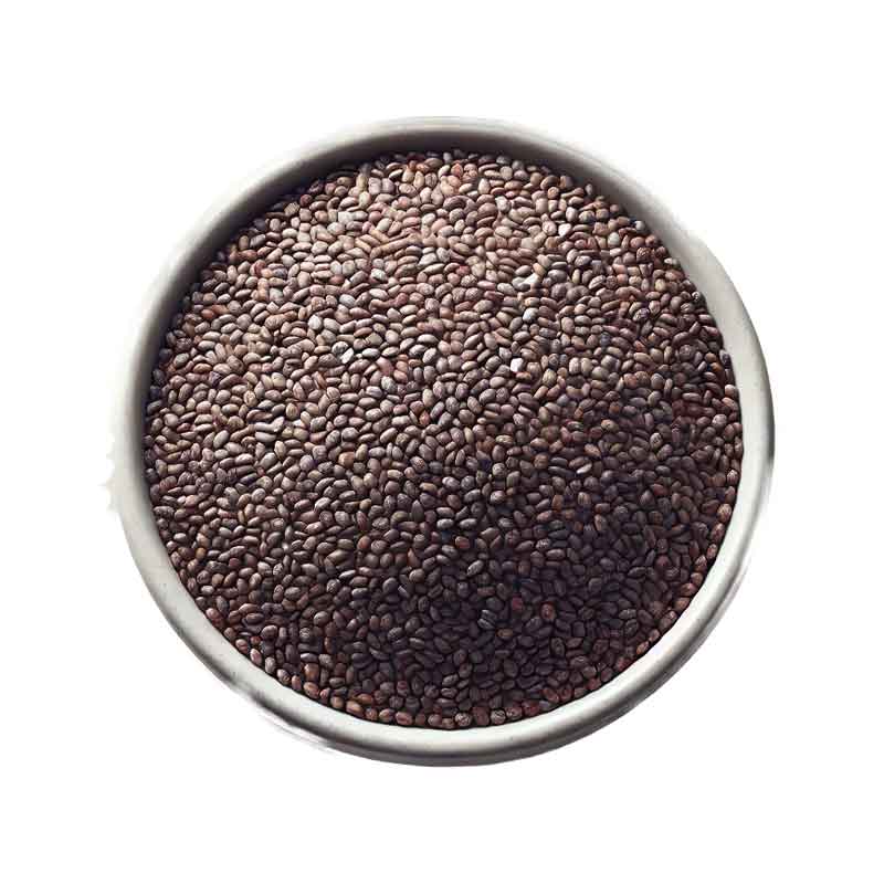 Chiafrø i en bolle sett ovenfra, små ovale frø i mørkebrune til svarte nyanser – Rain Form