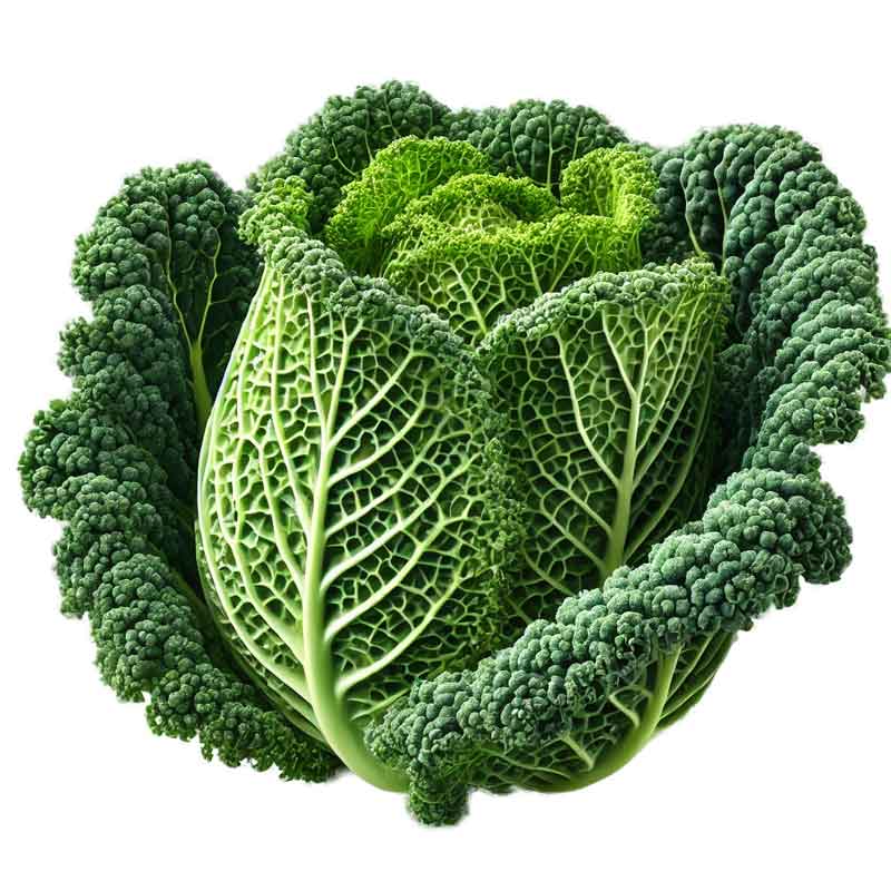 En realistisk fotografi av frisk grønnkål (savoykål) isolert på en gjennomsiktig eller hvit bakgrunn