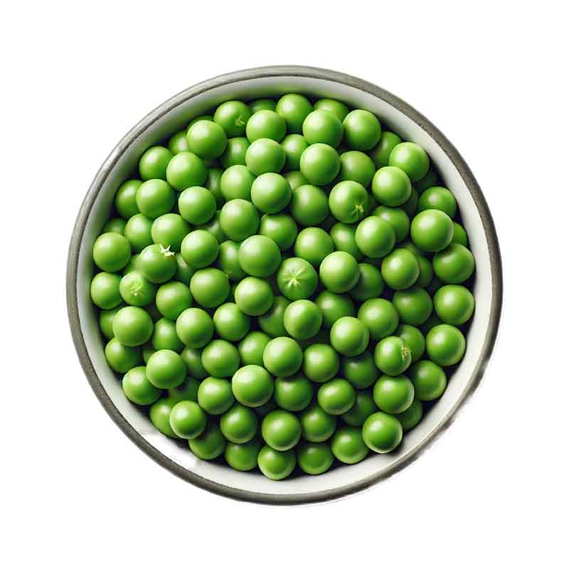 Friske, runde og livlige grønne erter i en liten bolle, sett fra fugleperspektiv.