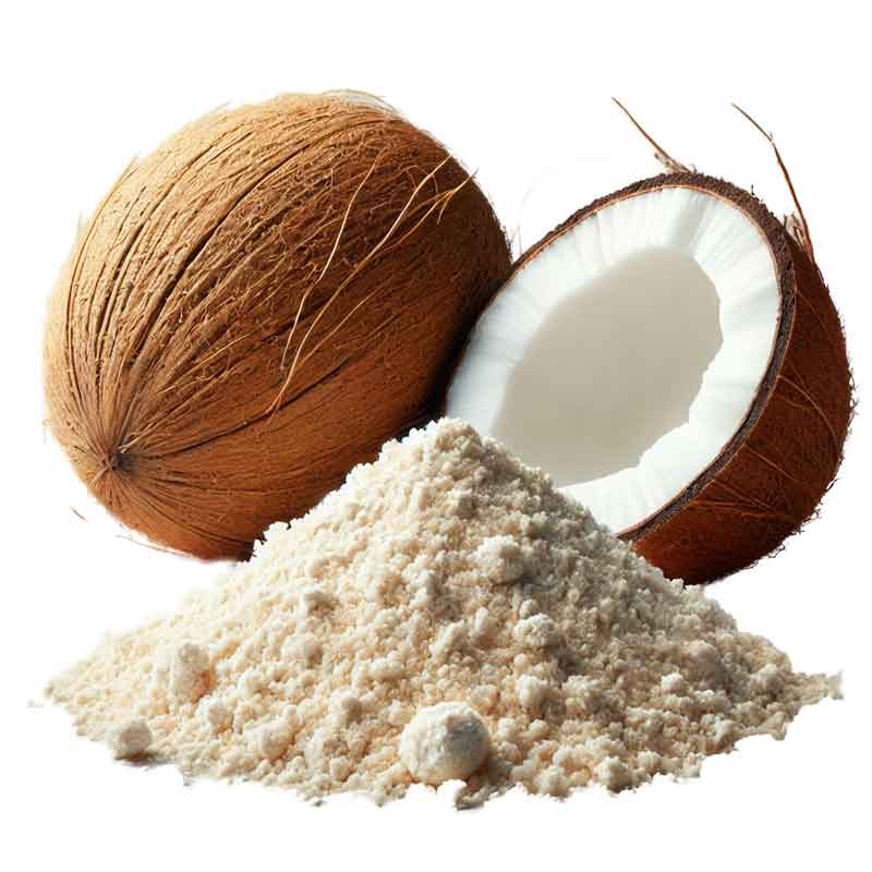 Realistisk bilde av kokospulver og en åpen kokosnøtt på hvit bakgrunn, en nøkkelingrediens i Rain Bryt som støtter metabolisme og hjernehelse. Gi beskjed hvis du vil ha flere forslag eller endringer!