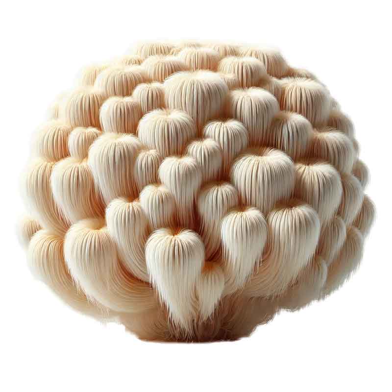 Realistisk illustrasjon av Lion’s Mane-sopp (Hericium erinaceus) på hvit bakgrunn – en nøkkelingrediens i Rain Bryt for kognitiv helse.