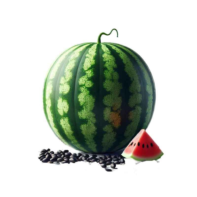 n hel vannmelon med grønne striper og svarte frø på en hvit bakgrunn.